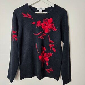 Magaschoni Size S 100% Cashmere Black Red Floral Long Sleeve Sweater
